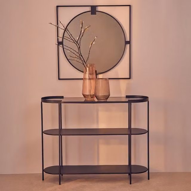Orsina Three Tier Modern Console Table with Black Metal Frame and Oval Glass Top – 1