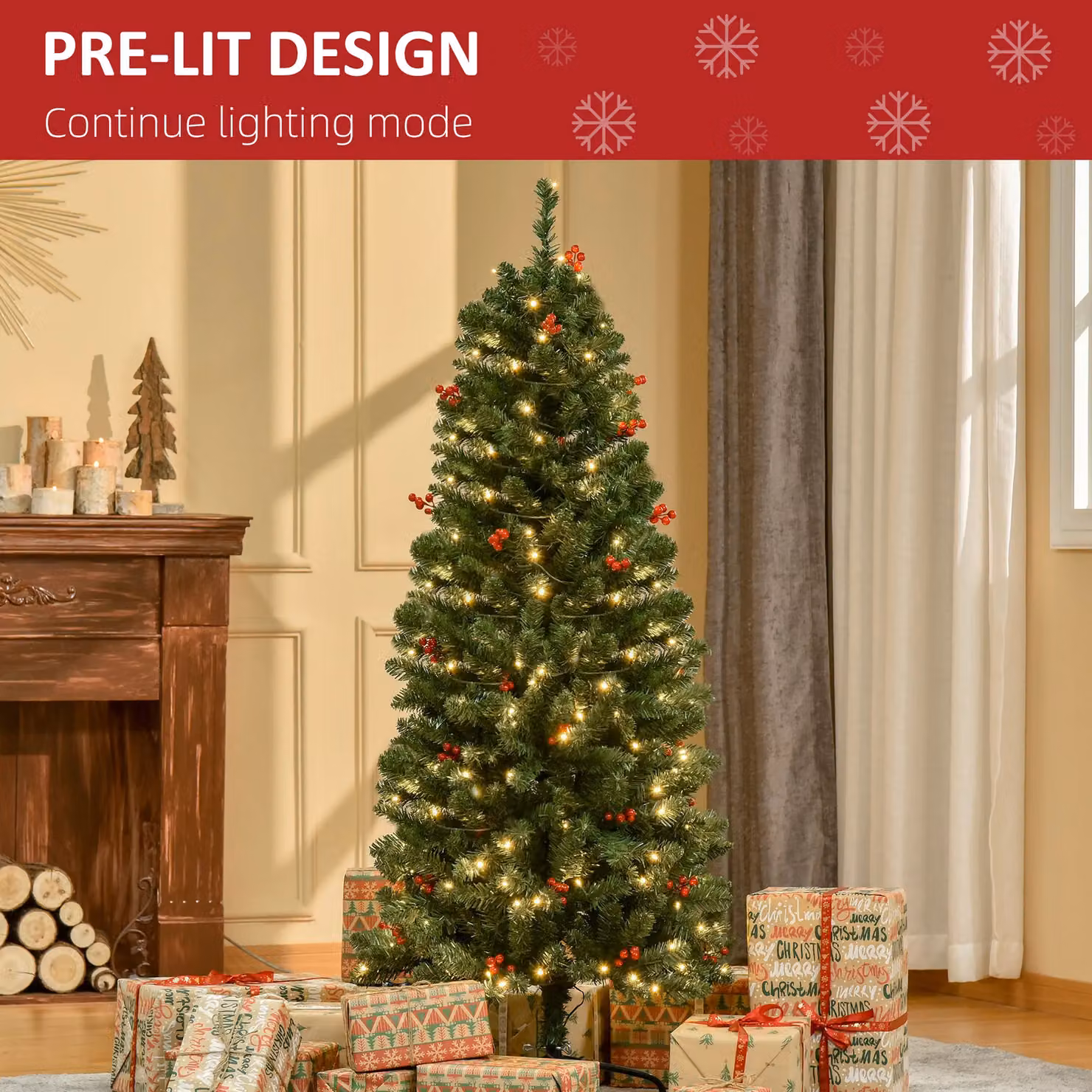 HOMCOM 5ft Artificial Pencil Christmas Tree with LED Lights and Berry Decor in Green, Height: 152.4 cm – 4