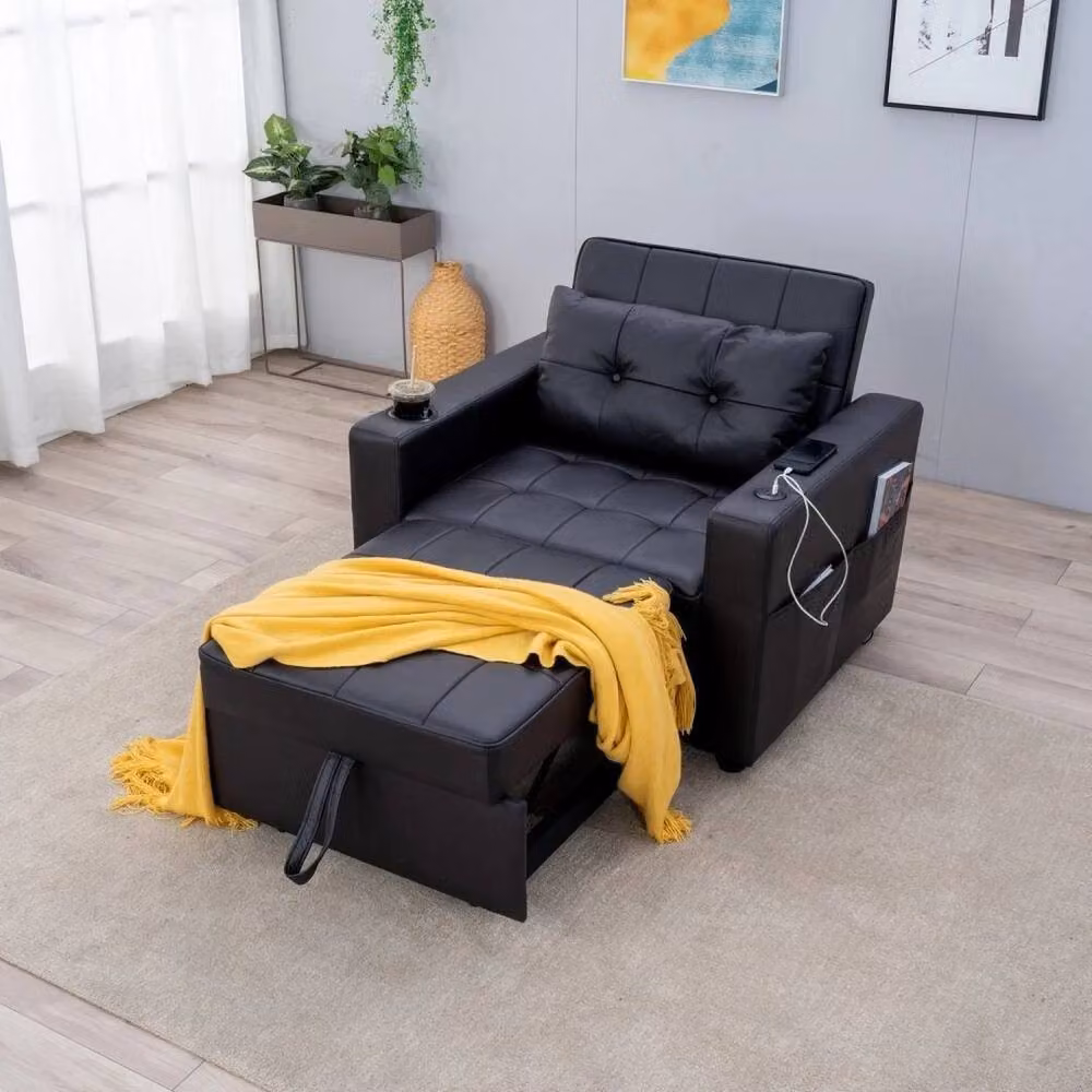 FORGEVIO Black Faux Leather 3-in-1 Pull Out Armchair Sofa Bed – 2