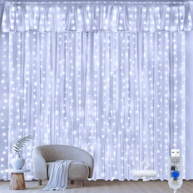 NIVOR White LED Curtain Fairy Lights with 300 LEDs, 8 Modes and Cool White 6500K Light, W/H: 3 x 3 m