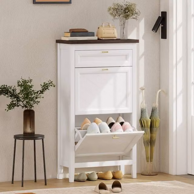 HOMCOM Modern Shoe Cabinet with Tilting Compartments and Internal Shelves, White – 1