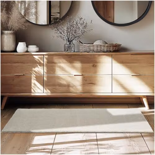 tectake Fluffy Short-Pile Rug in Sand, Allergy-Friendly and Washable with Non-Slip Underside, W/D: 80 x 150 cm