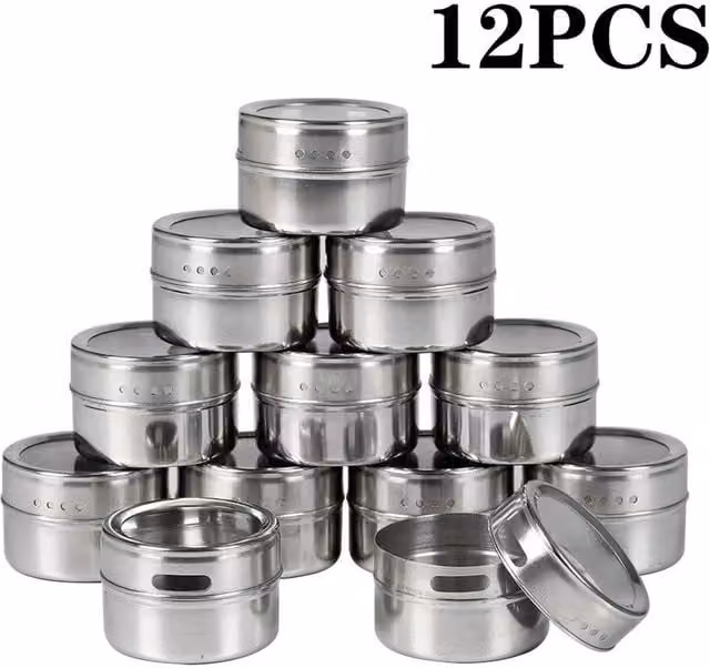 Kelvenix 12-Piece Stainless Steel Magnetic Spice Jar Set in Silver with Transparent Lids – 1