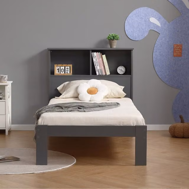 RELAXBy AMANI Easton Modern Solid Wood Bed Frame with Bedside Shelf Headboard and Side Compartments in Grey and White, 90 x 200 cm