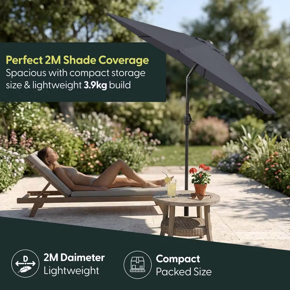 KEPLIN 2m Tilting Parasol Umbrella in Grey with UPF 50+ Polyester Canopy and Steel Frame – 6