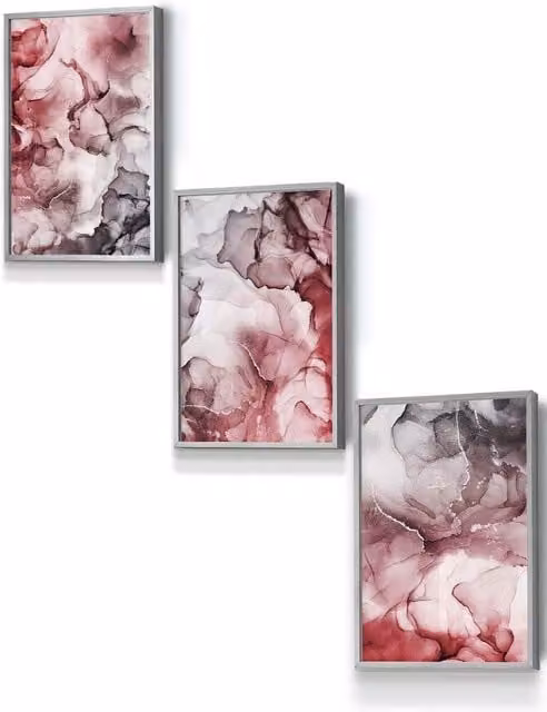 ARTZE Abstract Floral Fluid Framed Wall Art in Red and Grey, W: 33 cm, H: 45 cm, D: 0.2 cm
