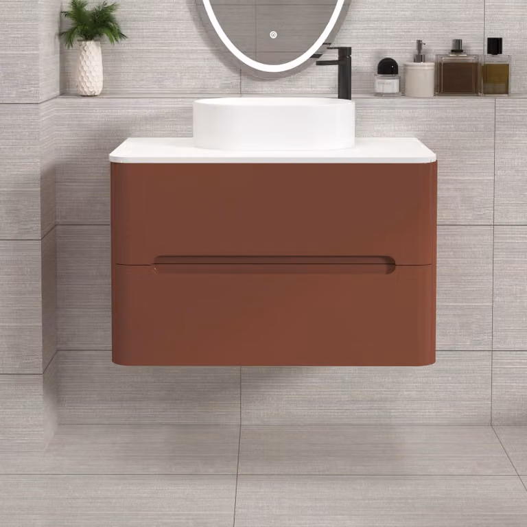 Royal Bathrooms Venice 800mm Wall Hung Vanity Unit in Terracotta Clay with 2 Drawers and Plain White Worktop and Peak Basin