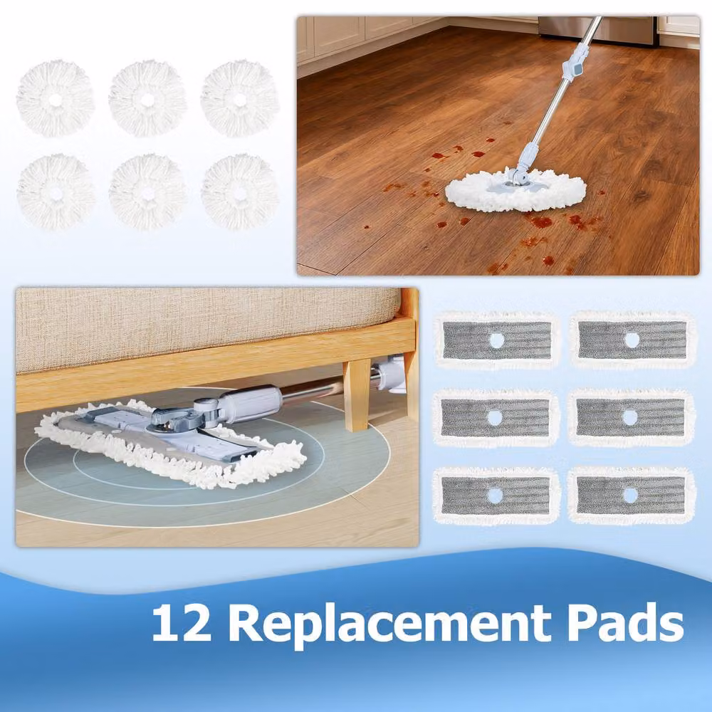 Costway Spin Mop and Bucket Set in Blue with Rectangular and Round Microfibre Mops, Dual Tank, Telescopic Handle and 14 Pads – 5