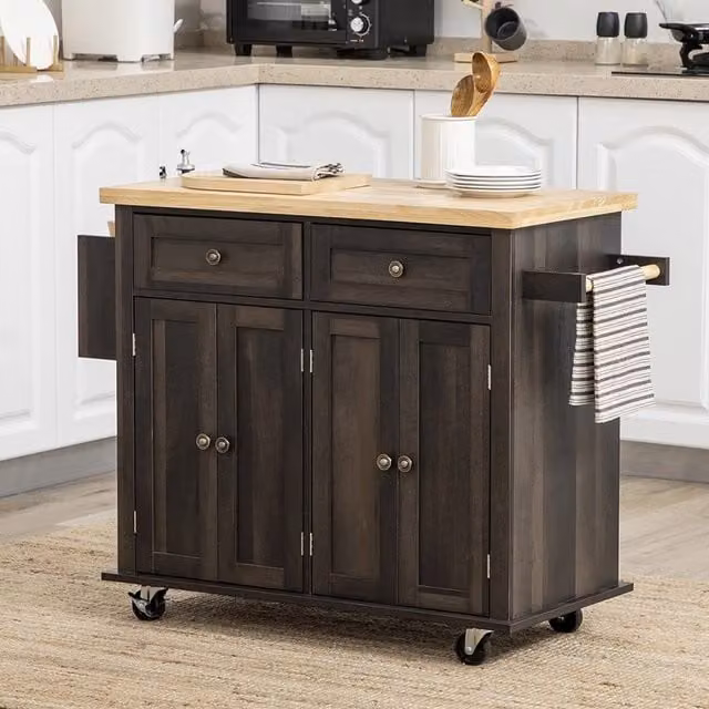 Livingandhome Classic Brown Serving Kitchen Island on Wheels with Castors