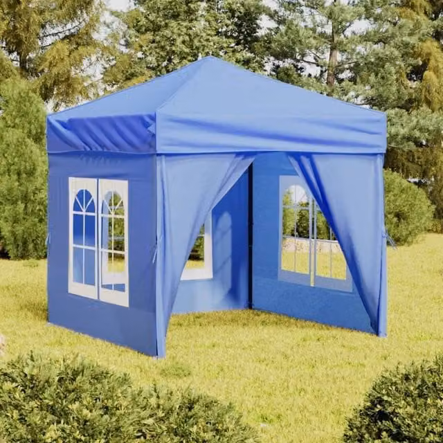 Berkfield Home Folding Party Tent with Sidewalls and Windows, Blue and Silver, W/D/H: 2 x 2 x 2 m
