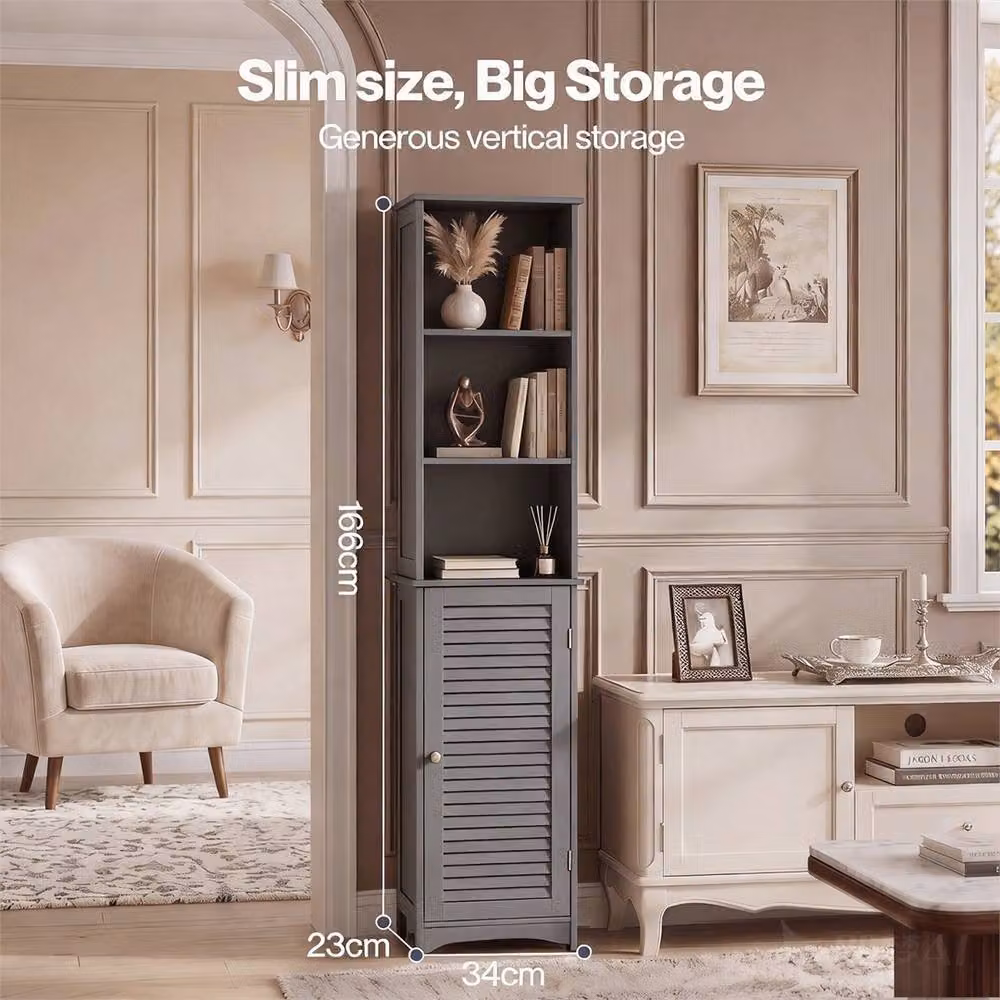 Nordara Grey Tall Freestanding Modern Bathroom Storage Cabinet with Internal Shelves and Hinged Doors – 3