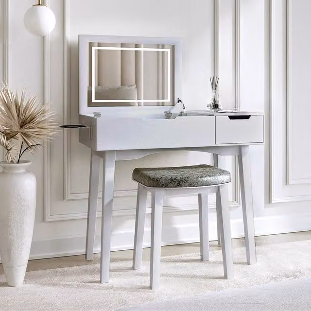 Carme Selena Dressing Table with Flip Top Hollywood LED Mirror in Grey