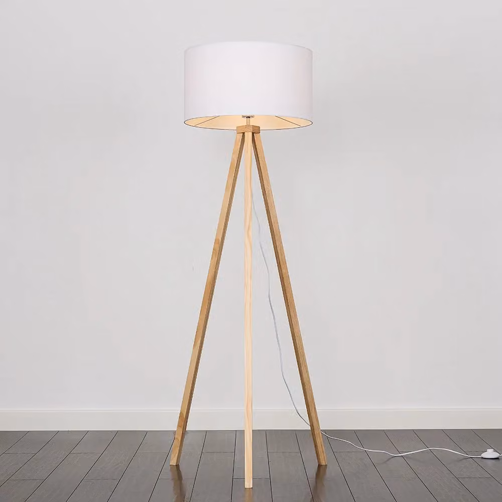 ValueLights Barbro Tripod Floor Lamp in Wood with White Fabric Drum Shade and LED Bulb, Height: 130 cm – 2