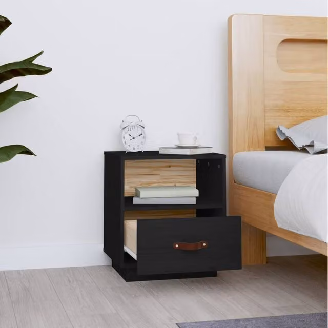 Berkfield Home Beautiful Black Solid Wood Pine Bedside Cabinet W: 40 cm, D: 34 cm, H: 45 cm