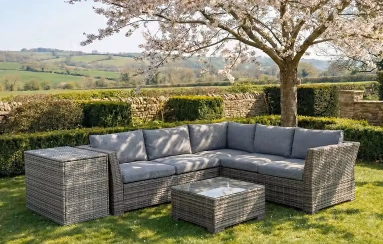 MINT Essentials Chesterton Grey 5 Seater L-Shape Corner Rattan Garden Sofa Lounge Set with Outdoor Coffee Table and Cushion Storage Box Bundle