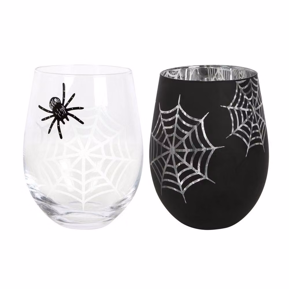 Uniqueful Set of 2 Spider and Web Stemless Wine Glasses, 550ml, Transparent with Black and Silver Details – 2