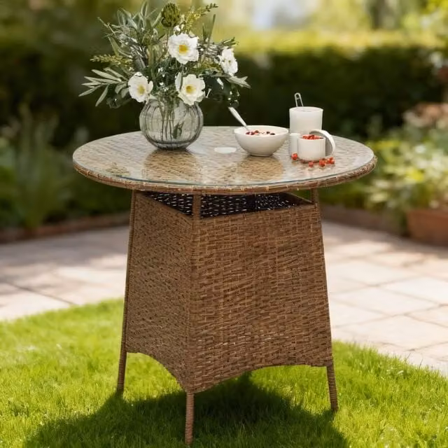 ERGOVEXA Brown Round Polyrattan Wicker Garden Table with Glass Top – 1