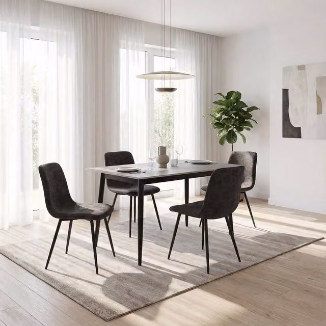 FWStyle 5 Piece Grey Marble Effect Ceramic Dining Table and Chairs Set with Black Metal Legs