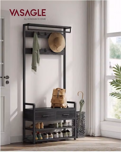 VASAGLE Industrial Hall Tree with Bench and Storage in Black