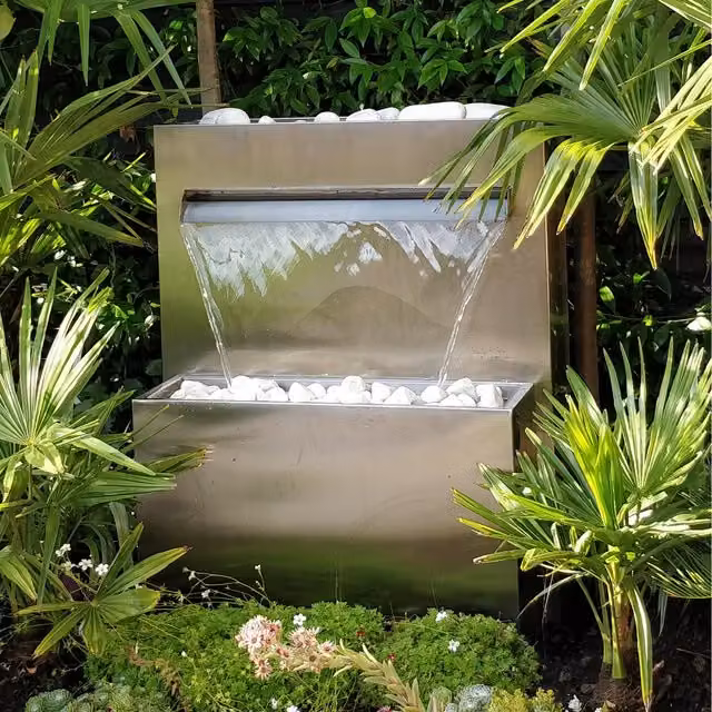 Primrose Modern Rectangular Stainless Steel Planter and Waterfall Cascade with Lights in Silver
