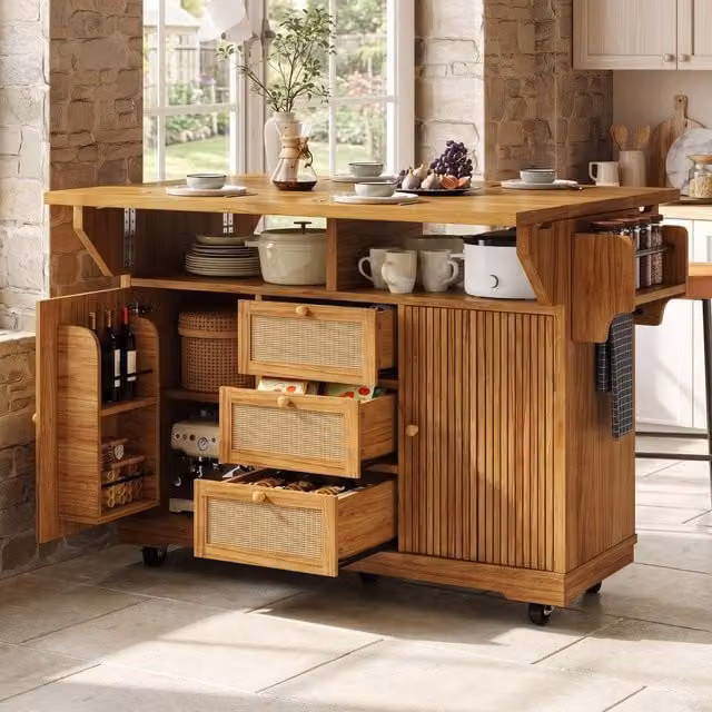 STILVORA Kitchen Trolley with Foldable Sides in Rustic Brown Wood and Rattan