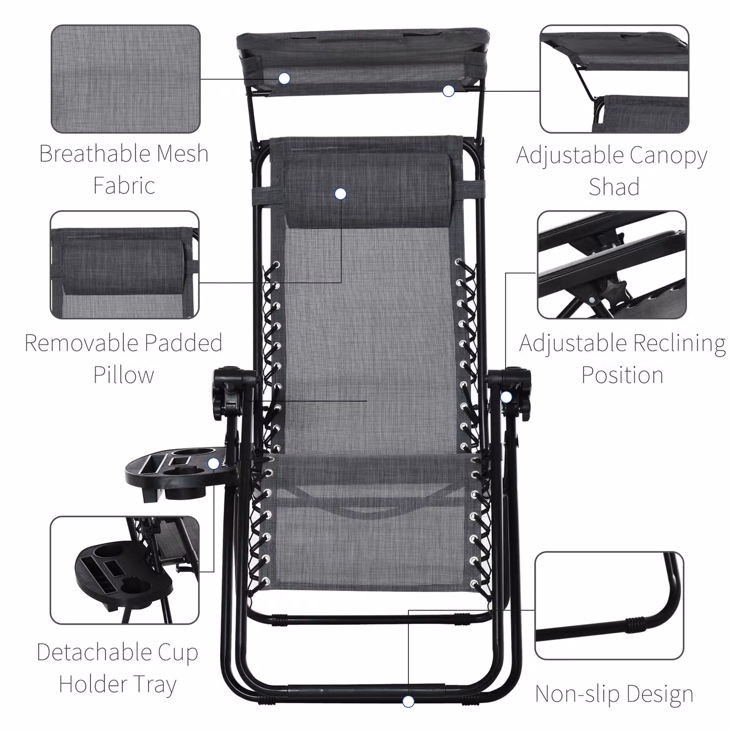 Outsunny 2 Piece Foldable Zero Gravity Reclining Garden Sun Lounger Set with Canopy, Adjustable Headrest and Side Tray, Light Grey – 5