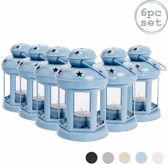 Nicola Spring Set of 6 Blue Metal Hanging Tealight Lanterns, Height: 16 cm