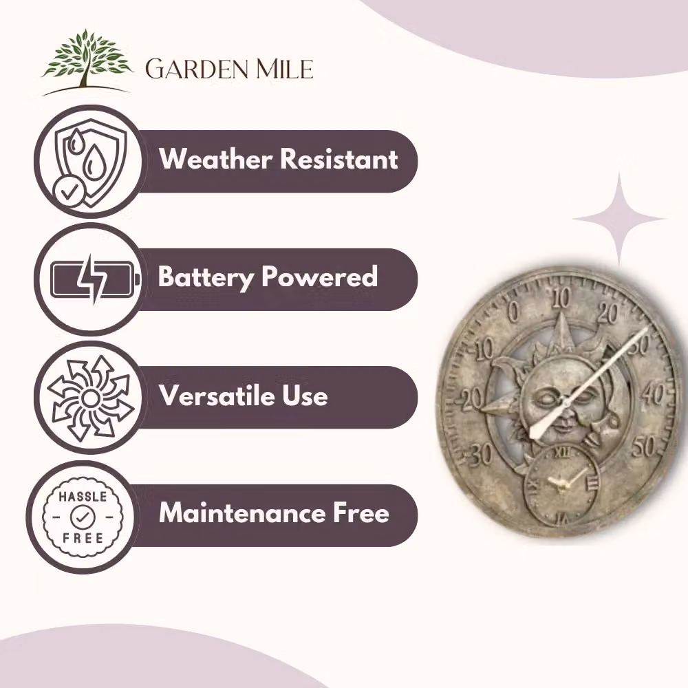 Marco Paul Bronze Sun & Moon Hanging Garden Clock and Thermometer, Diameter: 30 cm – 3