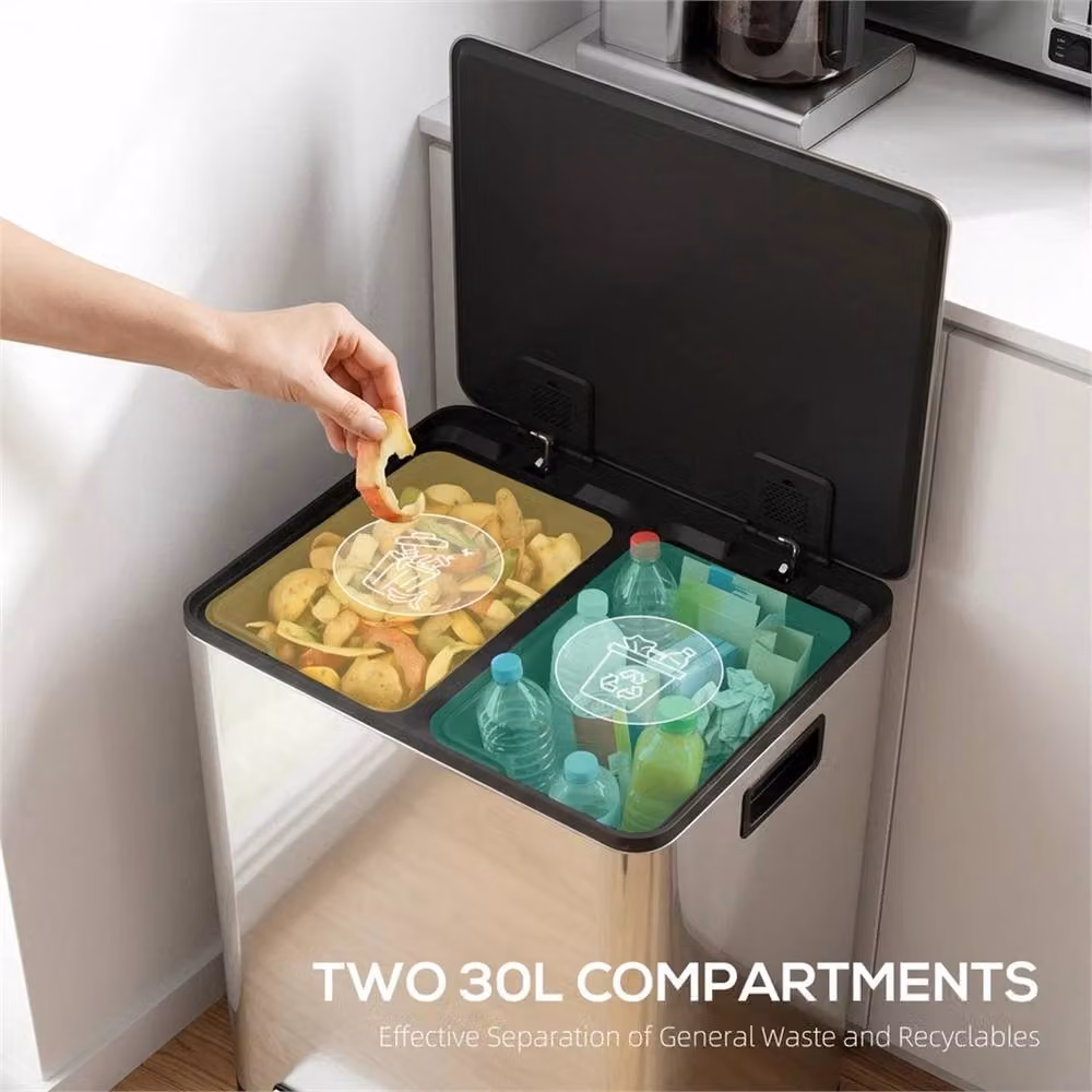 KORVIXA Double Kitchen Pedal Bin, 2 x 30L, Silver Stainless Steel, W: 100 cm x D: 60 cm x H: 100 cm – 2