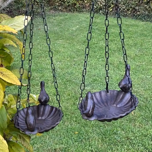 Ornamental Hanging Cast Iron Wild Bird Bath Feeder in Brown and White