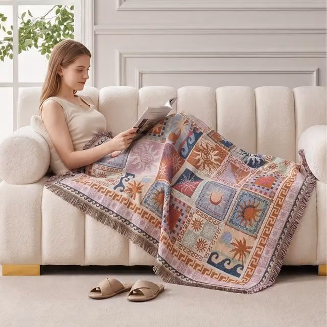 Livingandhome Boho Patchwork Throw Blanket with Fringes, Multicolour