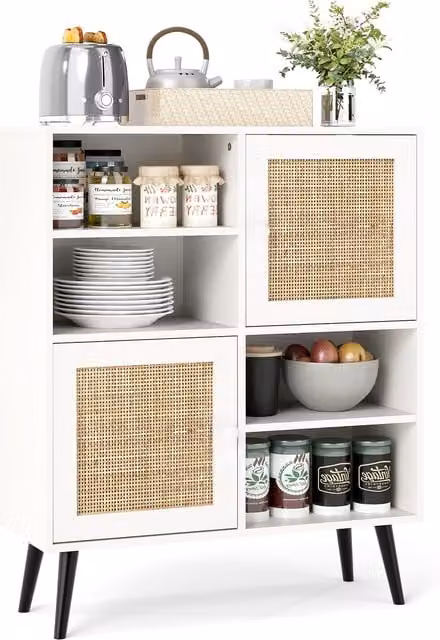COSTWAY White 4-Cubby Rattan and Wood Sideboard Cabinet