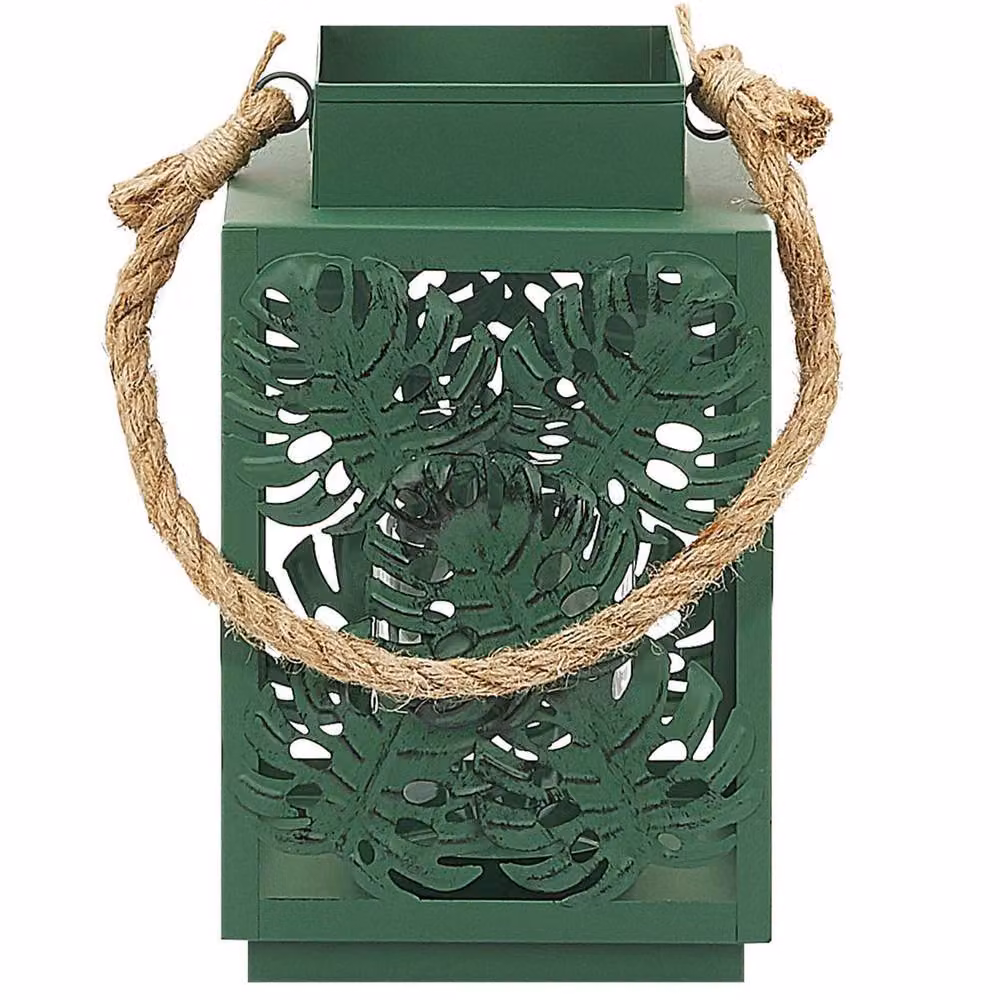 Wyld and Coco Monstera Green Metal and Glass Tabletop Lantern, H 25 cm – 4