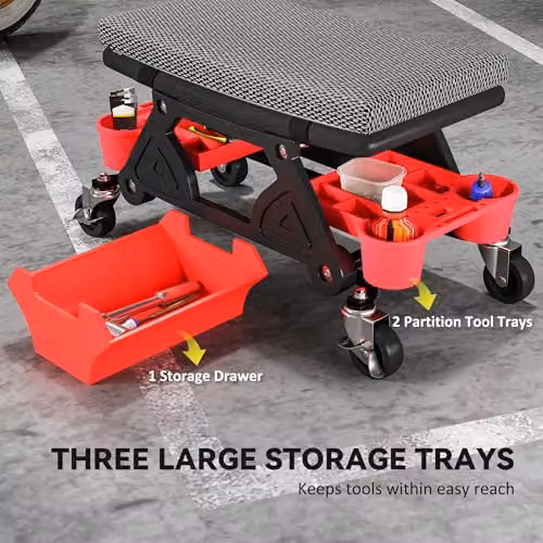 HOMCOM Rolling Mechanic Stool with Padded Creeper Seat, Black and Red – 5