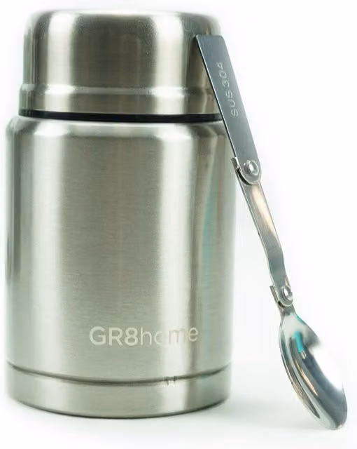 Gr8 Home Silver Vacuum Insulated Food Flask with Spoon, 500ml, Leakproof and BPA Free