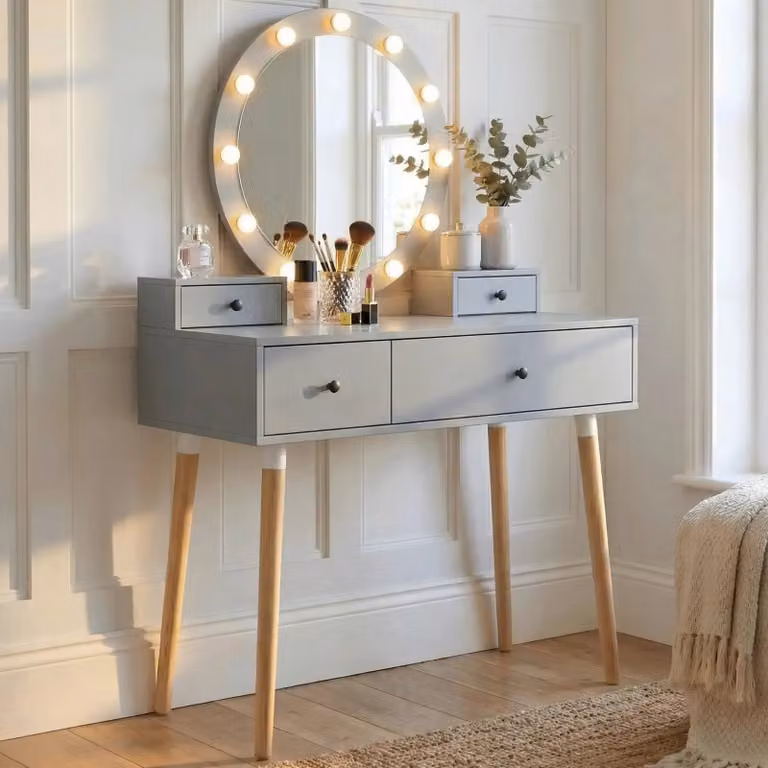 DHS Grey Hollywood LED Mirror Dressing Table with Drawers, W/D/H: 145.5 x 40 x 40 cm
