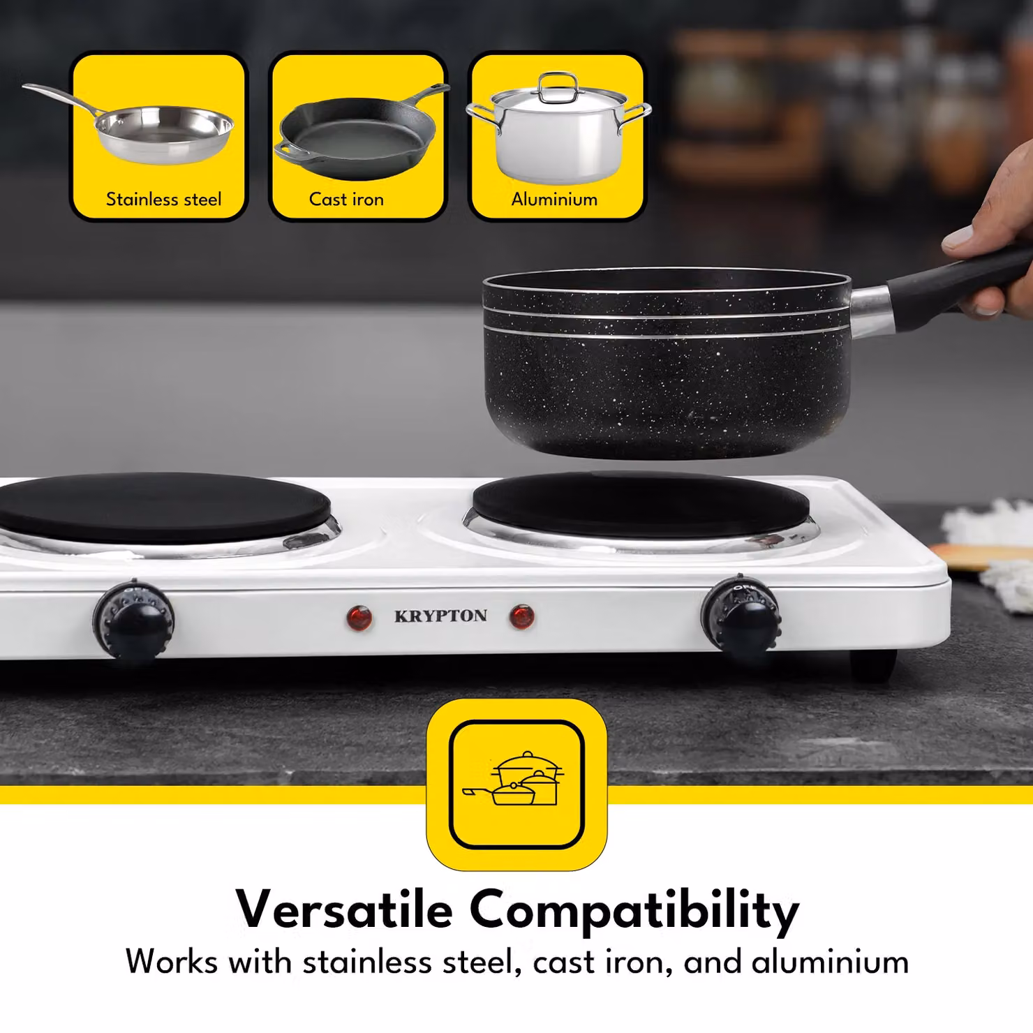 Krypton 2000W Double Cast Iron Hot Plate with Adjustable Temperature Control, White – 5