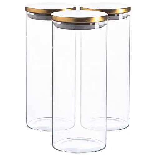 Argon Tableware Scandi Airtight Glass Storage Jars with Gold Metal Lids, 1.5 l, 3 Pack
