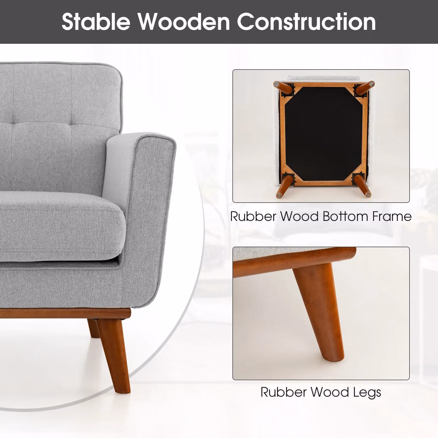 Costway Grey Linen Fabric Upholstered Armchair with Button Tufting and Solid Wood Frame – 4