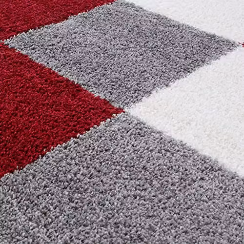 THE RUGS Modern Checked Shaggy Area Rug in Red and Grey, W/D/H: 110 x 60 x 3 cm – 5