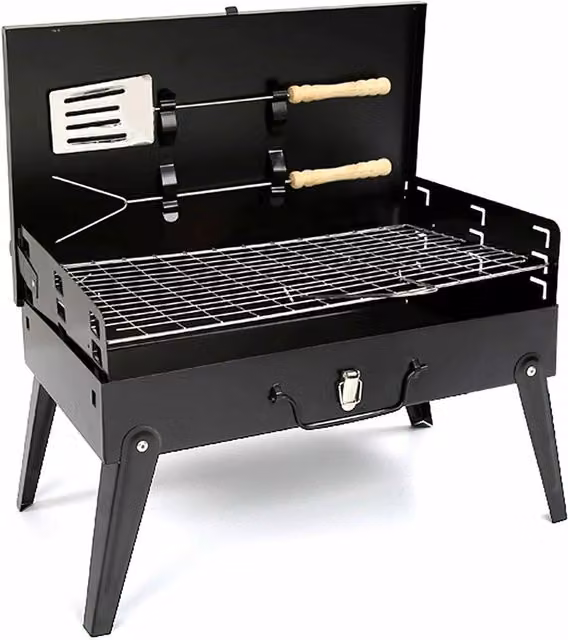 Garden Mile Portable Tabletop Charcoal BBQ Grill with Cast Iron Accessories, Black, W: 46 cm, D: 43 cm, H: 26 cm