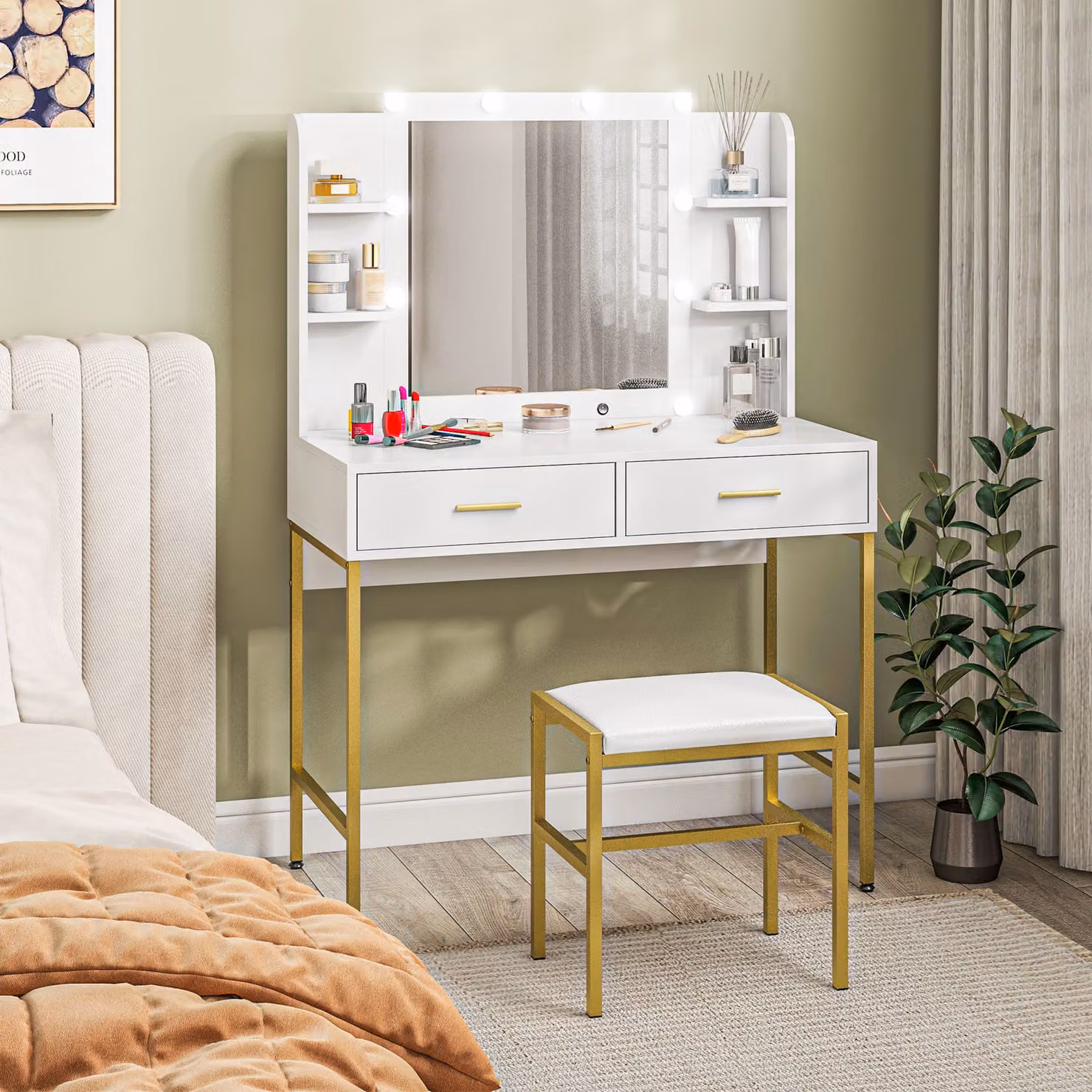 HOMCOM Modern White Makeup Vanity Desk Set with LED Hollywood Mirror, Cushioned Stool, Drawers and Shelves – 2