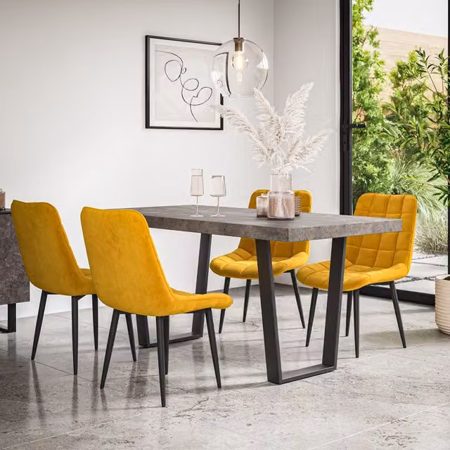 More4Homes Aria Rectangular Dining Table with Concrete Effect Top and Black Metal Legs and Nova Velvet Dining Chairs Set of 4 in Yellow and Black