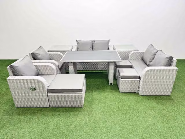 Fimous 10 Piece Patio Garden Furniture Set with Cushions and 2 Side Tables in Light Grey