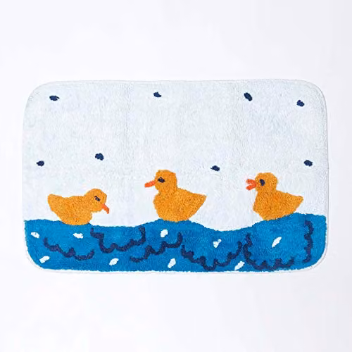 Homescapes Duck Pond Bath Mat, Blue and Multicolour, W: 45 cm, D: 75 cm, 100% Cotton, Non-Slip and Washable