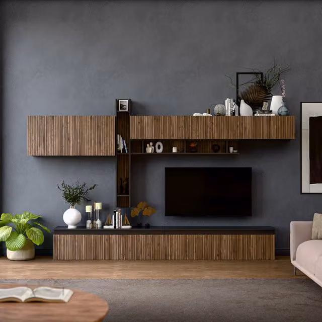 Decorotika Murcia Modern Wall Mounted Entertainment Center in Black with Open Shelving and Striped Details