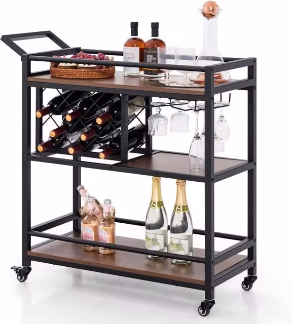 Costway 3-Tier Industrial Metal and Glass Kitchen Serving Cart with Wine Racks in Brown – 1
