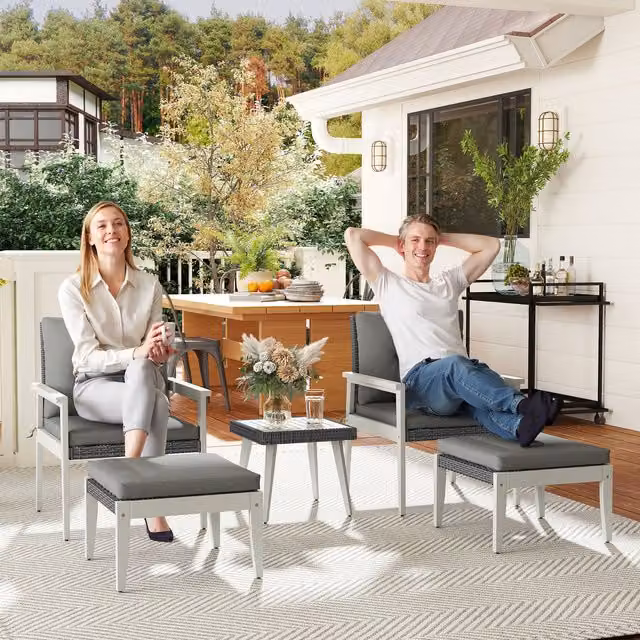 Outsunny 5 Piece Grey Rattan Patio Furniture Set with Footstools and Acacia Wood Accents