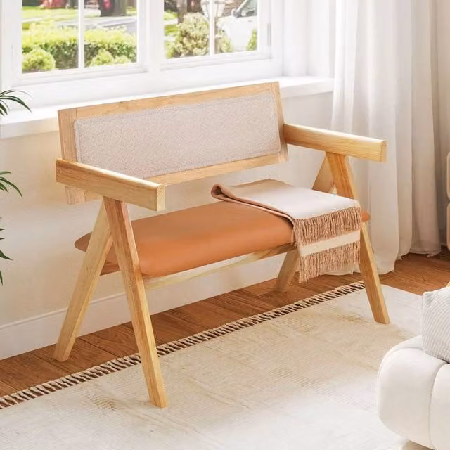KORVIXA Rubberwood Dining Bench with Armrests in Brown and Multicolour