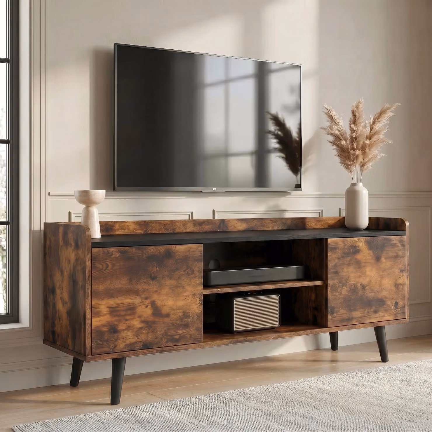DHS Larvik Rustic Wood TV Unit with Storage in Black and Brown, W/D/H: 112 x 40 x 55 cm